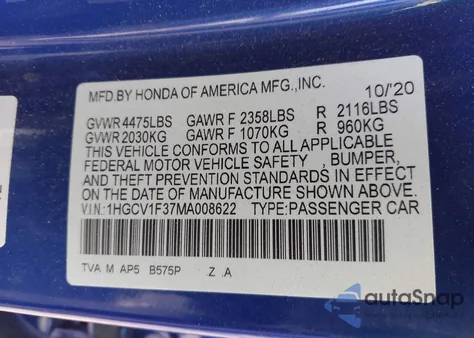 2021 Honda Accord Sport из США, поврежденный, VIN 1HGCV1F37MA008622